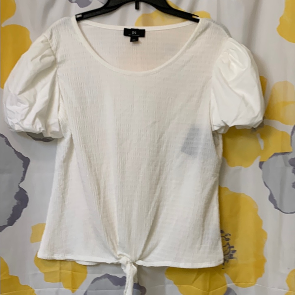I.N. San Francisco White Puff Sleeve Tie Front Blouse